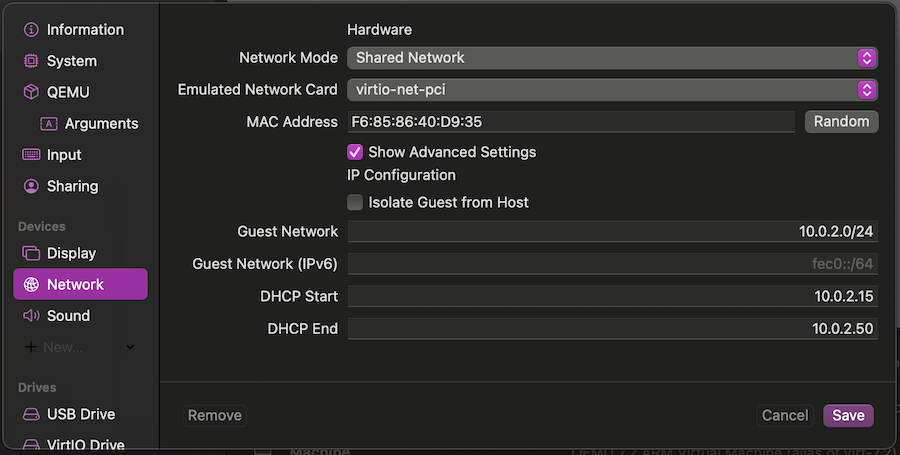 UTM networking config screen